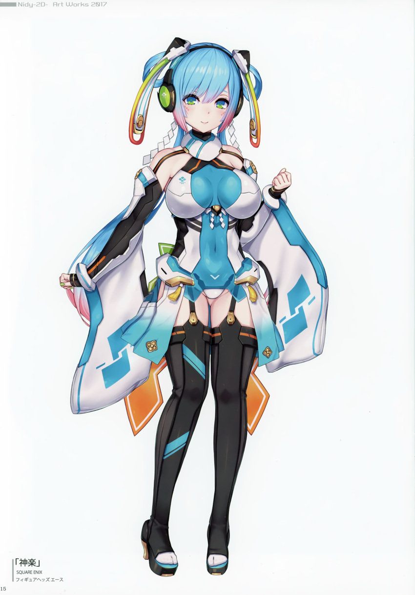 1girl 2d absurdres aqua_eyes bangs bare_shoulders blue_hair boots breasts clenched_hand copyright_name covered_navel facial_mark fingernails full_body garter_straps gradient gradient_hair headphones high_heel_boots high_heels highres large_breasts leotard long_hair long_sleeves looking_at_viewer multicolored_hair nail_polish official_art open_toe_shoes page_number purple_hair scan simple_background sleeveless smile solo standing thigh-highs thigh_boots tied_hair turtleneck white_background wide_sleeves