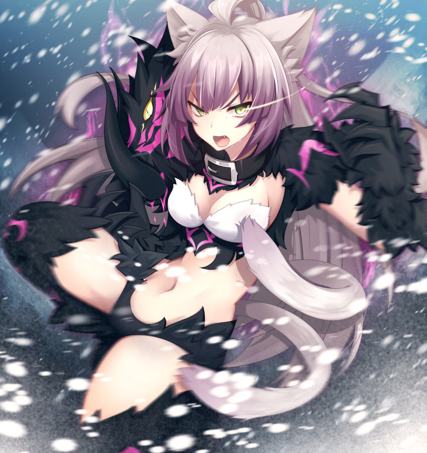 1girl animal_ears atalanta_(alter)_(fate) atalanta_(fate) bangs belt_buckle belt_collar black_collar black_gloves black_legwear black_panties boar breasts buckle cat_ears cat_tail cleavage collar elbow_gloves fate_(series) gloves glowing glowing_eye gradient_hair green_eyes grey_hair highres long_hair medium_breasts midriff multicolored_hair multiple_tails navel panties ponita purple_hair snow solo stomach tail thigh-highs tsurime two_tails underwear v-shaped_eyebrows very_long_hair