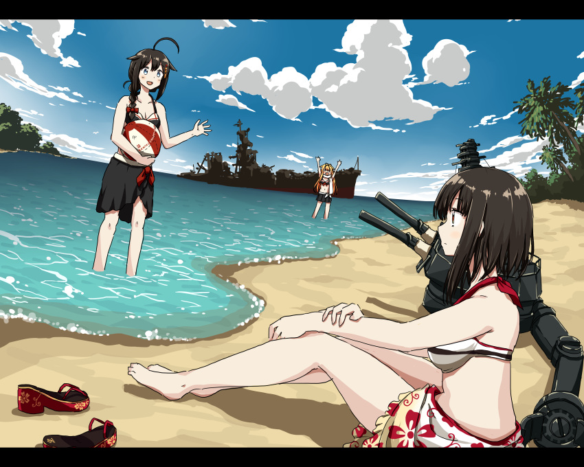 3girls :d absurdres alternate_costume any_(lucky_denver_mint) arms_up ball bare_shoulders barefoot beachball bikini black_bikini black_bikini_top black_hair black_skirt blue_eyes blue_sky braid breasts cannon cleavage clouds hair_braid hair_flaps hair_ornament hair_over_shoulder hair_ribbon highres holding holding_ball kantai_collection long_hair looking_at_another machinery medium_breasts midriff multiple_girls navel neckerchief open_mouth outdoors pleated_skirt red_eyes red_neckwear red_ribbon remodel_(kantai_collection) ribbon sandals sandals_removed scarf shigure_(kantai_collection) shipwreck short_hair single_braid sitting skirt sky smile swimsuit turret wading white_bikini white_bikini_top white_scarf yamashiro_(kantai_collection) yuudachi_(kantai_collection) |_|