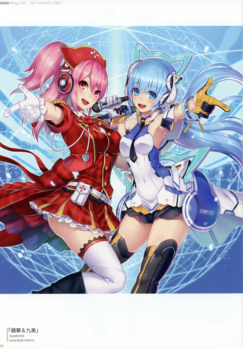 2d 2girls absurdres armpits bangs belt_pouch between_breasts blue_eyes blue_hair blush boots bracelet breasts buttons covered_navel cropped_jacket epaulettes eyebrows_visible_through_hair frills gloves gunslinger_stratos headphones highres holding holding_microphone huge_filesize jacket jewelry knee_boots looking_at_viewer medium_breasts microphone multiple_girls necktie open_clothes open_jacket open_mouth overskirt pink_eyes pink_hair shiny shiny_skin simple_background skirt sleeveless smile thigh-highs white_gloves white_legwear zettai_ryouiki