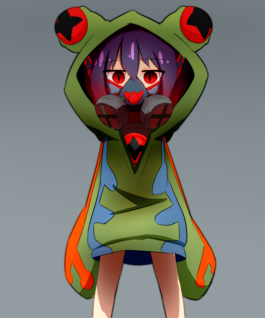 1girl absurdres animal_hood bangs commentary_request eyebrows_visible_through_hair frog_eyes frog_hood gas_mask gradient gradient_background gradient_hair green_hoodie grey_background hair_between_eyes highres hood hood_up hoodie idaten93 long_sleeves looking_at_viewer multicolored_hair original personification purple_hair red-eyed_tree_frog red_eyes redhead slit_pupils solo