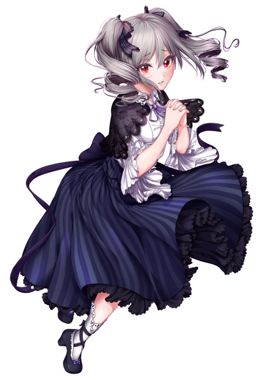 1girl absurdres akapii_(jun_0512) black_bow black_ribbon blush bow capelet center_frills drill_hair eyebrows_visible_through_hair frilled_bow frills gloves grey_hair hair_between_eyes hair_bow hair_ribbon hands_clasped highres idolmaster idolmaster_cinderella_girls kanzaki_ranko lips long_hair looking_at_viewer medium_sleeves neck_ribbon own_hands_together parted_lips purple_ribbon red_eyes ribbon simple_background skirt smile solo striped twin_drills twintails vertical-striped_skirt vertical_stripes white_background white_gloves