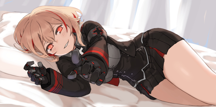 1girl azur_lane bangs bed_sheet black_gloves black_jacket black_skirt blonde_hair blush brown_eyes collared_jacket commentary_request evil_grin evil_smile eyebrows_visible_through_hair ganesagi gloves glowing glowing_eyes grin indoors iron_cross jacket long_sleeves looking_at_viewer lying miniskirt multicolored_hair no_headgear on_bed on_side outstretched_hand pillow pleated_skirt pointing pointing_at_viewer redhead roon_(azur_lane) short_hair skirt smile solo streaked_hair teeth