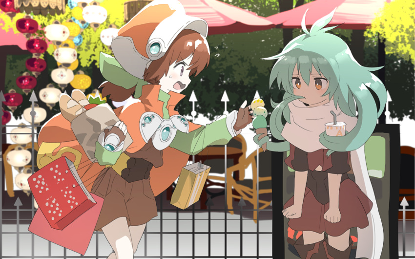 2girls ahoge alternate_skin_color bag baguette bangs bare_arms braid bread bright_pupils brown_gloves brown_hair brown_shorts capelet cowboy_shot drink drinking_straw emerada_(xenogears) eyebrows eyebrows_visible_through_hair fingerless_gloves flying_sweatdrops food gloves green_hair hair_between_eyes hair_in_mouth hat holding_bag ice_cream ice_cream_cone long_hair long_sleeves marguerite_fatima miniskirt multiple_girls orange_capelet orange_eyes orange_hat pleated_skirt popped_collar prehensile_hair red_skirt samidare scarf shopping_bag short_sleeves shorts sideways_mouth skirt standing turtleneck umbrella v-shaped_eyebrows white_pupils white_scarf xenogears