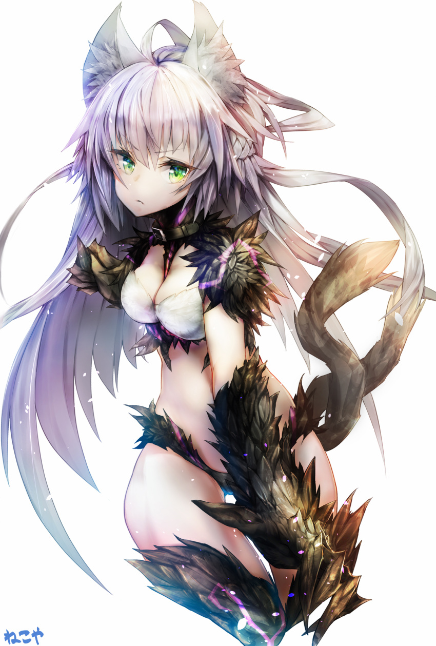 1girl animal_ears atalanta_(alter)_(fate) atalanta_(fate) bangs belt belt_buckle belt_collar black_belt black_gloves black_panties braid breasts buckle cat_ears cat_tail cleavage closed_mouth elbow_gloves eyebrows eyebrows_visible_through_hair fate/grand_order fate_(series) french_braid frown gloves gradient_hair green_eyes hair_between_eyes highres long_hair medium_breasts midriff multicolored_hair multiple_tails nekodayo22 panties purple_hair silver_hair simple_background single_braid solo tail two-tone_hair two_tails underwear very_long_hair white_background