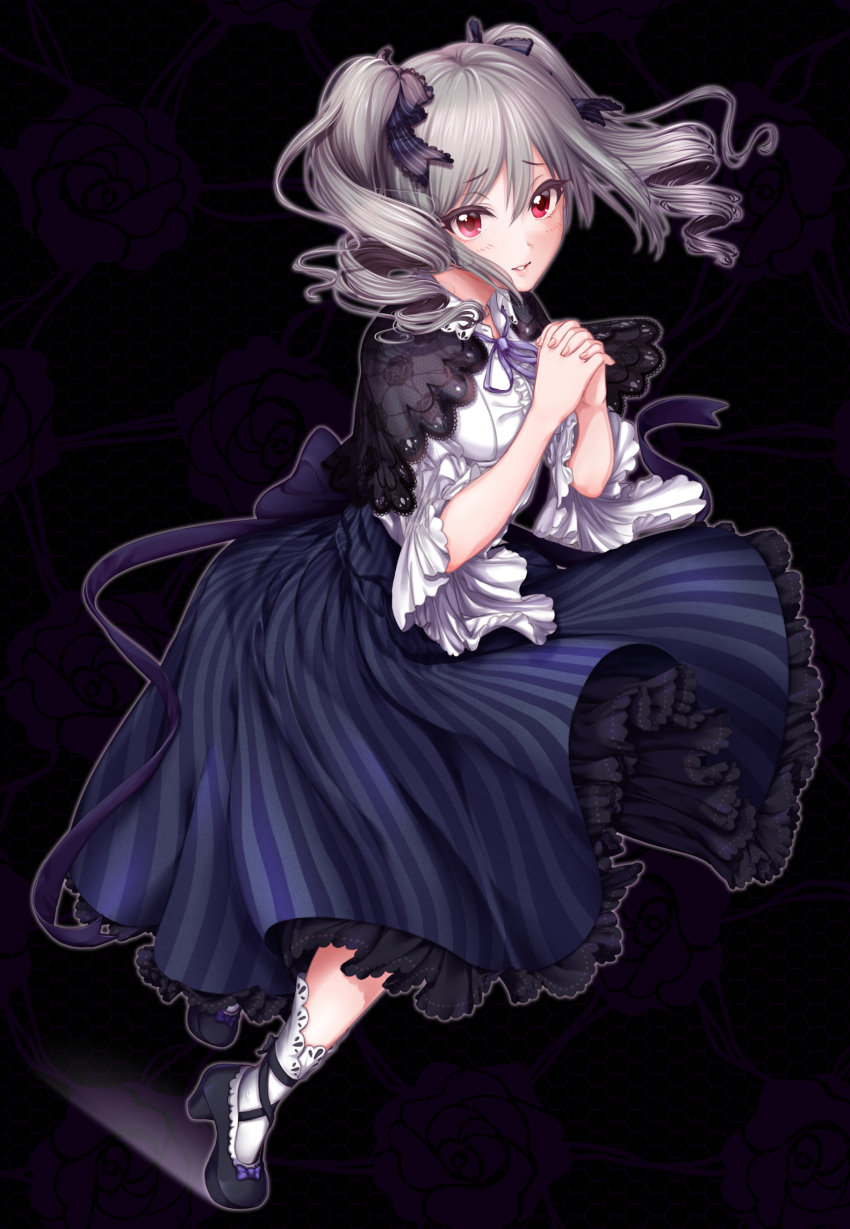 1girl absurdres akapii_(jun_0512) black_background black_bow black_ribbon blush bow capelet center_frills drill_hair eyebrows_visible_through_hair frilled_bow frills gloves grey_hair hair_between_eyes hair_bow hair_ribbon hands_clasped highres idolmaster idolmaster_cinderella_girls kanzaki_ranko lips long_hair looking_at_viewer medium_sleeves neck_ribbon own_hands_together parted_lips purple_ribbon red_eyes ribbon skirt smile solo striped twin_drills twintails vertical-striped_skirt vertical_stripes white_gloves