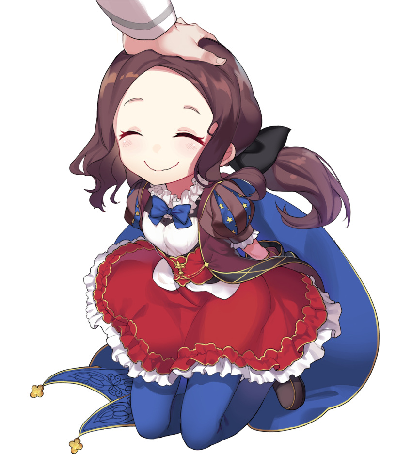 1girl ^_^ black_bow blue_legwear blue_neckwear bow bowtie brown_footwear brown_hair brown_jacket child closed_eyes closed_mouth fate/grand_order fate_(series) fingernails hair_bow highres jacket jehyun leonardo_da_vinci_(fate/grand_order) long_hair long_sleeves pantyhose petting puffy_short_sleeves puffy_sleeves red_skirt shirt shoes short_sleeves sidelocks simple_background skirt smile solo_focus white_background white_shirt younger