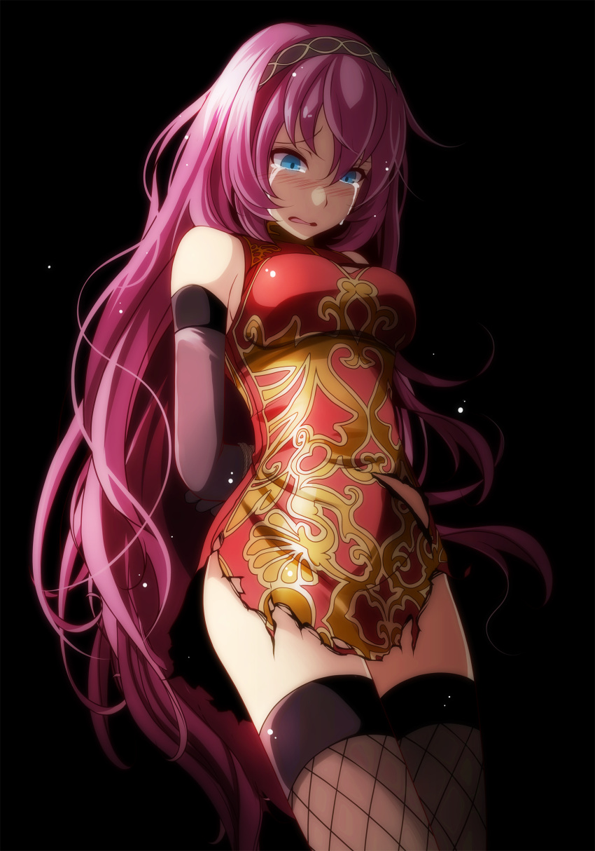 1girl absurdres arms_behind_back bangs black_background black_legwear blue_eyes breasts china_dress chinese_clothes crying crying_with_eyes_open detached_sleeves dress eyebrows_visible_through_hair hair_between_eyes headband highres long_hair medium_breasts megurine_luka open_mouth pink_hair project_diva_(series) red_dress restrained sideboob simple_background sleeveless sleeveless_dress solo standing tears thigh-highs torn_clothes torn_dress tsukishiro_saika very_long_hair vocaloid