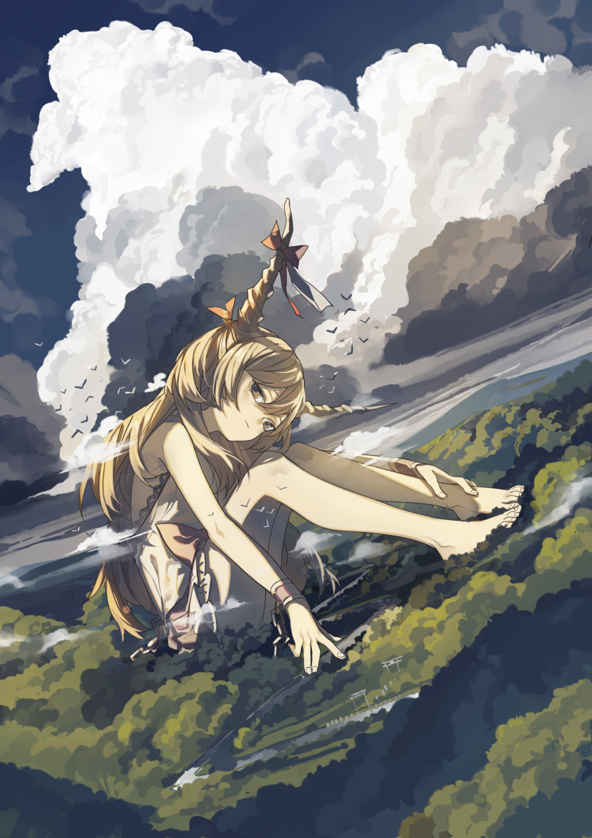 1girl absurdres azling backless_outfit bare_arms bare_legs barefoot bird blonde_hair chains clouds cuffs day dress dutch_angle expressionless fingernails forest giantess hair_between_eyes hand_on_ankle head_tilt highres horn_ribbon horns ibuki_suika long_hair mountain nature on_ground outdoors ribbon river shackles sitting sleeveless sleeveless_dress solo torii touhou white_dress yellow_eyes