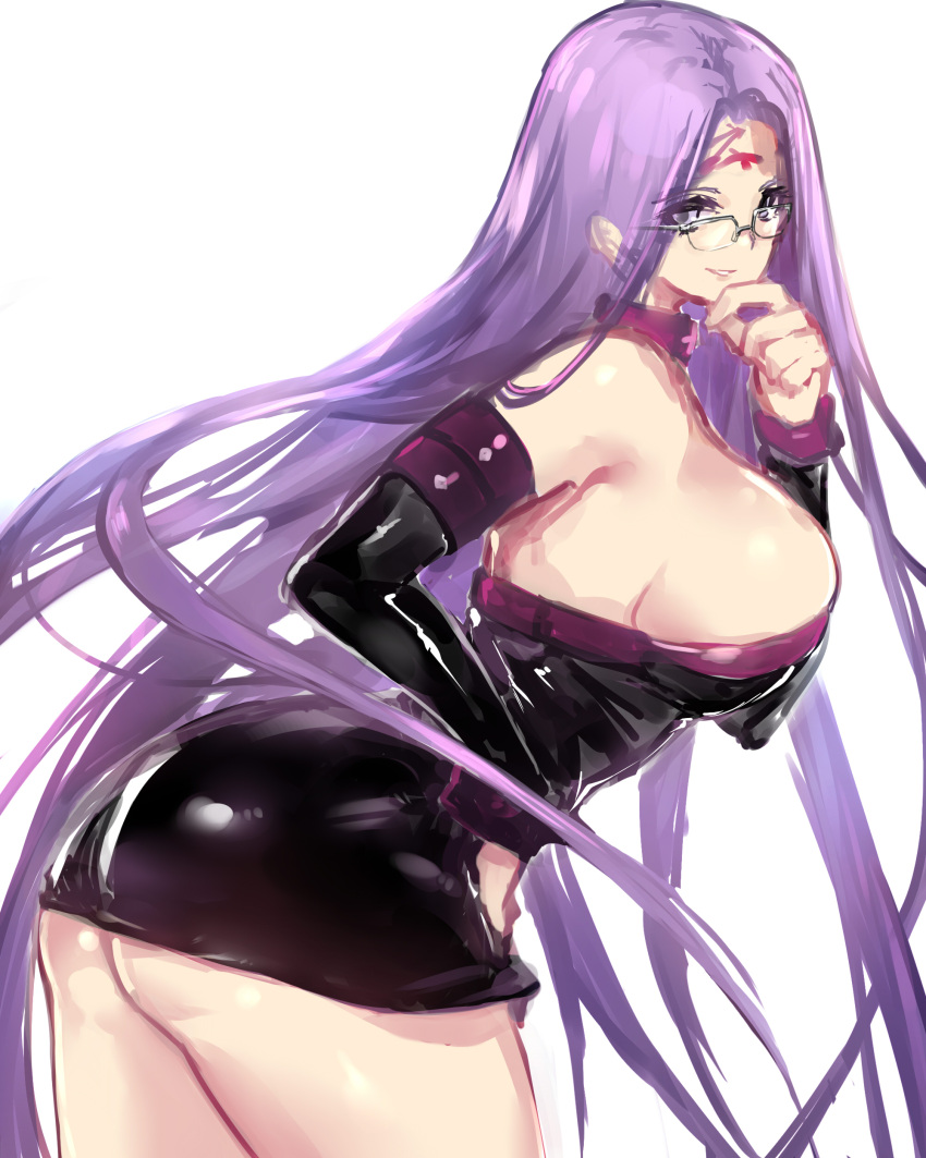 1girl absurdres ass bare_shoulders bespectacled black_dress breasts cowboy_shot detached_sleeves dress eyebrows eyebrows_visible_through_hair facial_mark fate/stay_night fate_(series) forehead_mark glasses grin hair_intakes hand_to_own_mouth hand_up highres huge_breasts leaning leaning_forward long_hair microdress negresco no_bra over-rim_eyewear purple_hair rider semi-rimless_eyewear sideboob simple_background smile solo straight_hair strapless strapless_dress very_long_hair violet_eyes white_background