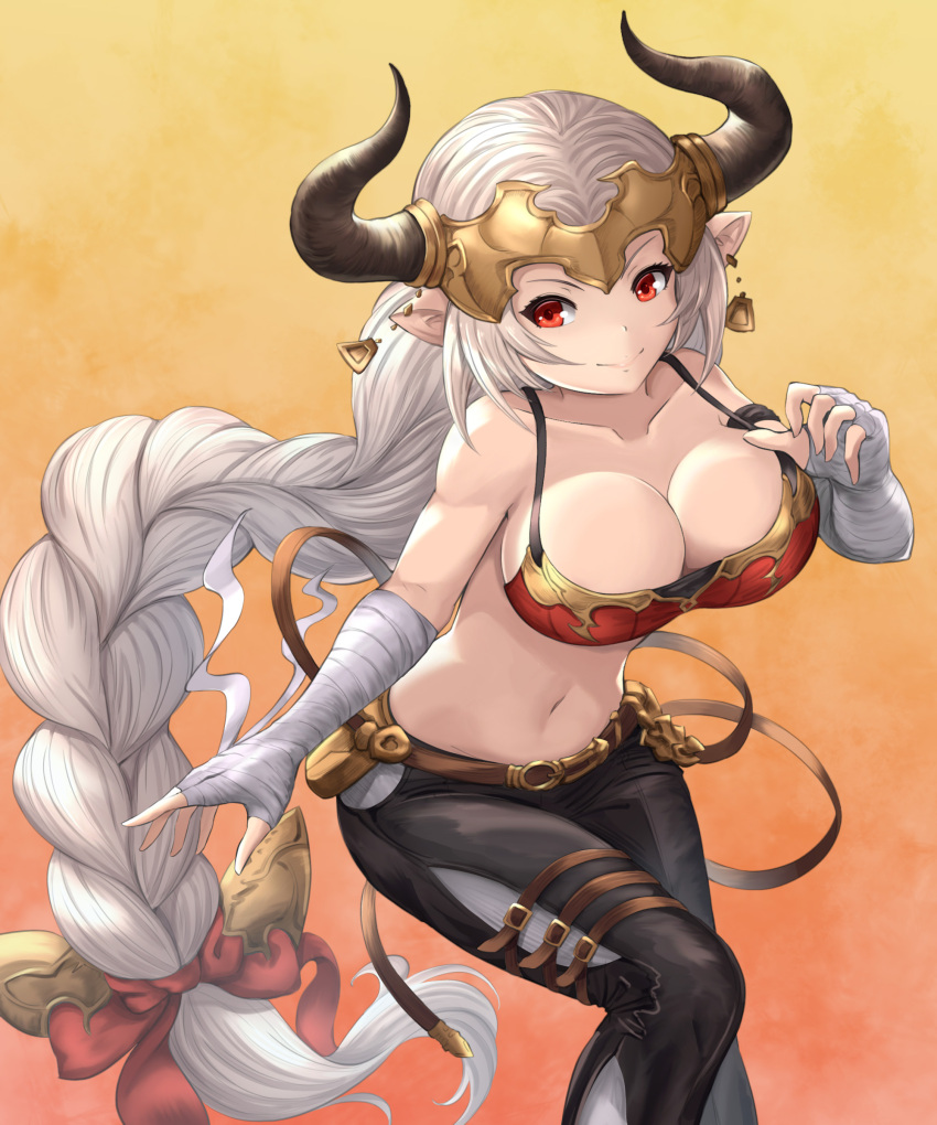 1girl absurdres aliza_(granblue_fantasy) bandage bandaged_arm belt belt_pouch black_pants bow braid breasts bustier cleavage collarbone draph earrings granblue_fantasy hair_bow headpiece highres horns jewelry large_breasts long_braid long_hair looking_at_viewer navel pants pointy_ears red_bow red_eyes silver_hair single_braid solo very_long_hair yuki7128