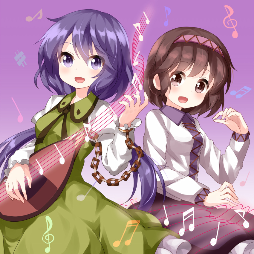 2girls :d arm_up beamed_eighth_notes biwa_lute black_skirt blue_hair brown_eyes brown_hair cowboy_shot dress eighth_note eyebrows_visible_through_hair frilled_skirt frills gradient gradient_background green_dress hair_between_eyes highres instrument long_hair long_sleeves looking_at_viewer low_twintails lute_(instrument) multiple_girls musical_note open_mouth purple_background quarter_note ruu_(tksymkw) sharp_sign shirt short_hair siblings sisters skirt smile staff_(music) touhou treble_clef tsukumo_benben tsukumo_yatsuhashi twintails violet_eyes white_shirt