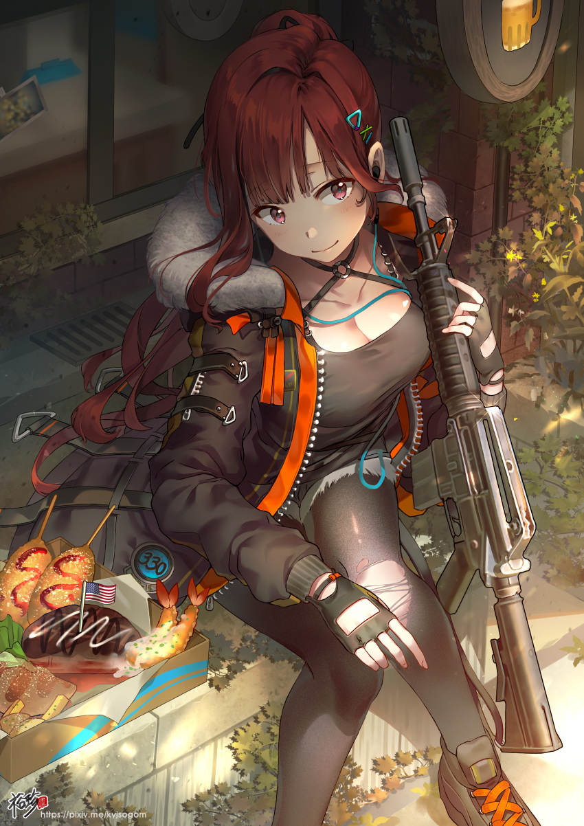 1girl absurdres american_flag bangs black_gloves black_legwear black_ribbon black_shirt black_shorts breasts car-15 cleavage collarbone day earphones fingerless_gloves food gloves gun hair_ornament hair_ribbon head_tilt highres holding holding_gun holding_weapon kyjsogom large_breasts long_hair original outdoors pantyhose pantyhose_under_shorts ponytail red_eyes redhead ribbon rifle shiny_legwear shirt shoes short_shorts shorts sitting smile sneakers solo torn_clothes torn_pantyhose unzipped watermark weapon web_address