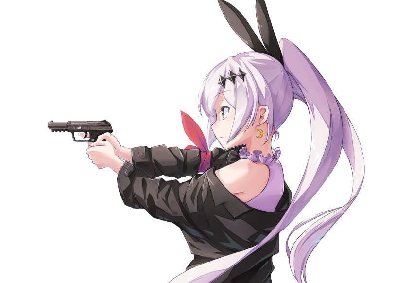 1girl aiming arm_ribbon bangs bare_shoulders blouse blush bow breasts brown_eyes cleavage closed_mouth crescent crescent_earrings earrings eyebrows_visible_through_hair five-seven_(girls_frontline) five-seven_(gun) girls_frontline gun hair_ornament hair_ribbon handgun highres holding holding_gun holding_weapon jacket jeemu jewelry large_breasts long_hair object_namesake off_shoulder pistol ponytail ribbon sidelocks silver_hair simple_background sleeveless_blouse solo trigger_discipline very_long_hair weapon white_background