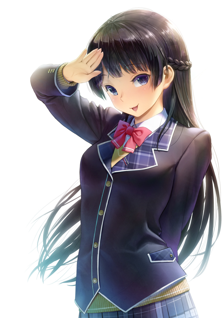 1girl :d arm_behind_back bangs black_blazer black_hair blue_eyes blue_skirt bow bowtie floating_hair highres long_hair looking_at_viewer nijisanji open_mouth pleated_skirt red_bow red_neckwear salute simple_background skirt smile solo standing sweater tsukino_mito very_long_hair virtual_youtuber white_background yellow_sweater yorudou