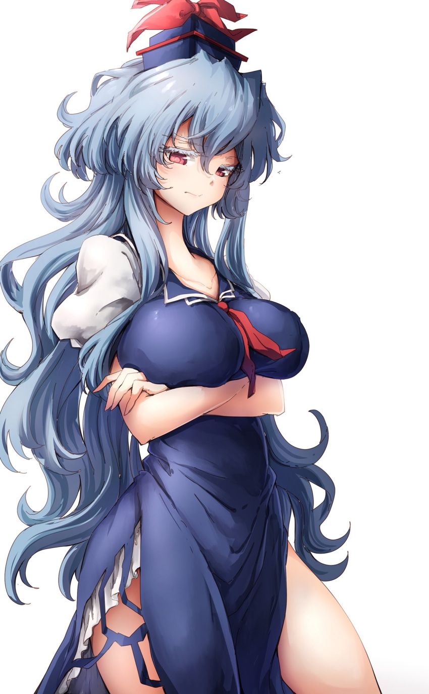 1girl blue_dress breast_hold breasts closed_mouth commentary_request crossed_arms darjeeling_(reley) dress hair_between_eyes hat highres kamishirasawa_keine large_breasts long_hair looking_at_viewer messy_hair red_eyes red_neckwear short_sleeves side_slit simple_background smile solo touhou