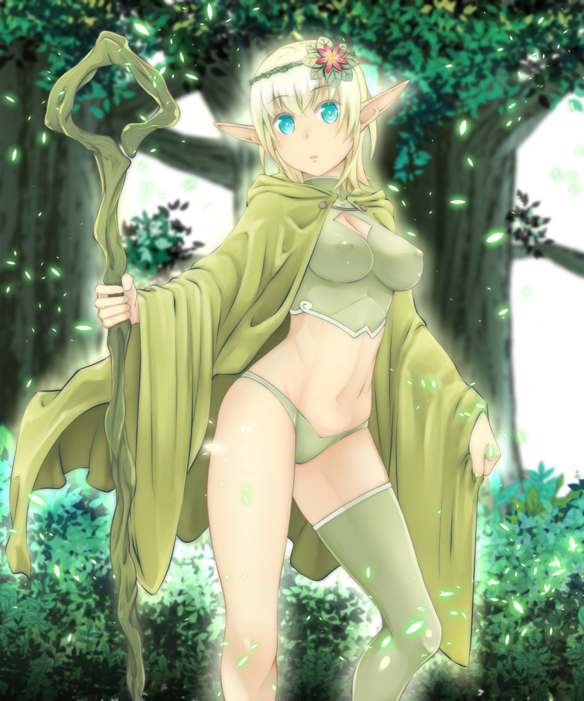 1girl artist_request blonde_hair blue_eyes breasts cape cleavage elf fantasy flower highres long_hair looking_at_viewer navel original pointy_ears solo staff thigh-highs