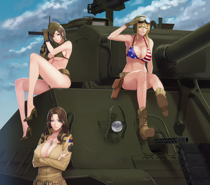 3girls ;d absurdres american_flag_bikini ankle_boots arm_support arm_up armpits bangs bare_arms bare_legs bare_shoulders belt bikini blonde_hair blue_eyes blue_sky boots breasts brown_bikini brown_eyes brown_footwear brown_gloves brown_hair brown_hat brown_jacket cleavage closed_mouth clouds cloudy_sky collarbone commentary_request covered_nipples crossed_arms daglasses day dog_tail eyebrows_visible_through_hair flag_print from_side gloves goggles goggles_on_headwear green_eyes grin gun hair_between_eyes hair_strand half-closed_eyes hands_up hat high_collar high_heel_boots high_heels highres holding holding_gun holding_weapon jacket knee_up large_breasts leg_up lips long_hair long_sleeves looking_at_viewer looking_to_the_side loose_belt military military_hat military_uniform multiple_girls navel one_eye_closed open_mouth original outdoors parted_bangs salute shiny shiny_hair short_hair sideboob sidelocks sitting sky smile standing swept_bangs swimsuit tail teeth toned under_boob uniform unzipped watch watch wavy_hair weapon