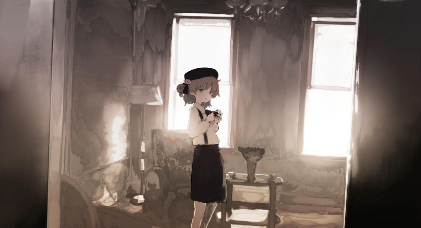 1girl :o backlighting bangs beret black_beret black_hat black_neckwear black_ribbon black_skirt bow bowtie brown_eyes brown_hair chandelier collared_shirt commentary_request day dot_nose dress_shirt dutch_angle feet_out_of_frame flower from_side hair_flower hair_ornament hair_ribbon hair_rings hat hatoba_tsugu hatoba_tsugu_(character) highres indoors jitome lamp long_sleeves looking_at_viewer looking_to_the_side miniskirt mole mole_under_eye muted_color open_mouth pantyhose pleated_skirt ribbon rose shirt short_hair skirt solo standing sunlight suspender_skirt suspenders table virtual_youtuber wavy_hair white_flower white_legwear white_rose white_shirt window yoshioka_yoshiko