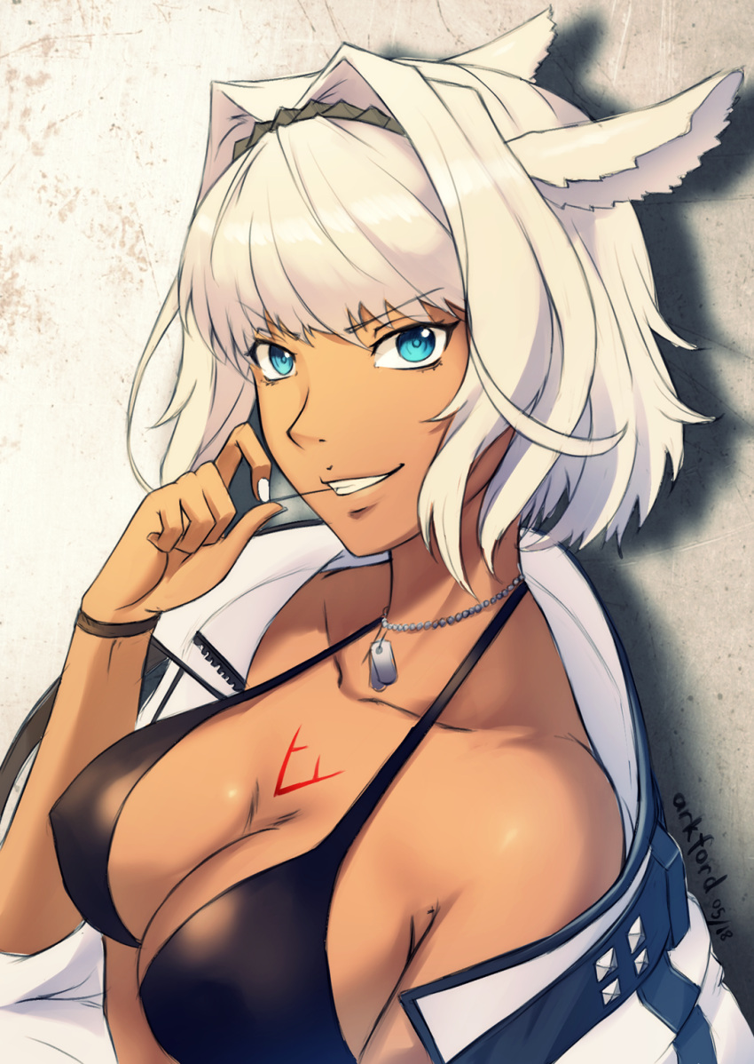 1girl 2018 :d animal_ears aqua_eyes ark_ford artist_name bangs bikini black_bikini black_bikini_top blue_eyes breasts choker cleavage commentary dark_skin dated dog_tags eyebrows_visible_through_hair eyelashes fate/grand_order fate_(series) fingernails grin hair_intakes hair_ornament hairband halter_top halterneck highres jacket jewelry lancer_(lostbelt) long_fingernails looking_at_viewer medium_breasts nail_polish necklace open_clothes open_jacket open_mouth portrait shadow short_hair signature smile solo solo_focus swimsuit tattoo toothpick upper_body white_hair white_jacket white_nails wristband