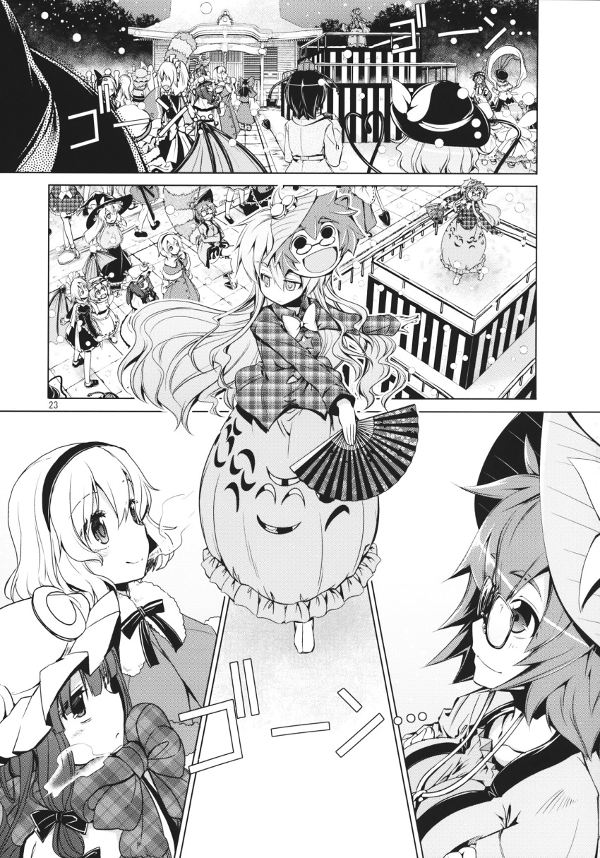 6+girls alice_margatroid aozora_market apron bat_wings bell bow bowtie braid broom buttons coat comic detached_sleeves fairy fairy_wings fan fur_trim futatsuiwa_mamizou glasses greyscale hair_bow hakurei_reimu hat hata_no_kokoro headband heart heart_of_string highres hinanawi_tenshi izayoi_sakuya japanese_clothes kirisame_marisa komeiji_koishi konpaku_youmu leaf leaf_on_head long_hair long_sleeves maid maid_apron maid_headdress mask mask_on_head mob_cap monochrome multiple_girls nagae_iku patchouli_knowledge plaid plaid_shirt raccoon_tail remilia_scarlet robe saigyouji_yuyuko scarf shameimaru_aya shawl shirt short_hair skirt sunny_milk sword tail tokin_hat touhou translation_request twin_braids weapon wings witch_hat