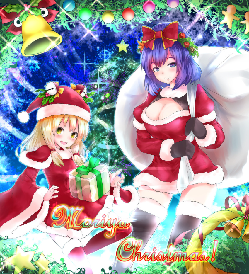 2girls :d absurdres bell black_footwear black_gloves blonde_hair blush boots bow breasts capelet christmas_ornaments christmas_tree cleavage cleavage_cutout commentary_request dress fur-trimmed_boots fur-trimmed_capelet fur-trimmed_dress fur_trim gloves hair_bow hat highres holly kushidama_minaka large_breasts leaf looking_at_viewer maple_leaf merry_christmas moriya_suwako multiple_girls open_mouth purple_hair pyonta red_bow red_capelet red_dress red_footwear santa_costume santa_hat short_dress short_hair smile thigh-highs thigh_boots touhou violet_eyes yasaka_kanako yellow_eyes