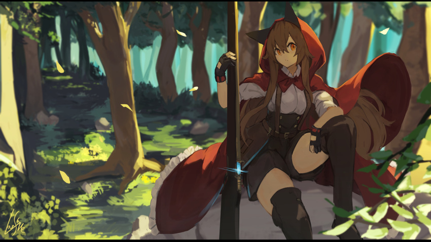 1girl animal_ears black_shorts blurry blurry_background boots bow bowtie brown_hair bush closed_mouth depth_of_field forest glint gun highres holding holding_gun holding_weapon hood hood_up lansane letterboxed long_hair looking_at_viewer nature orange_eyes original petals red_hood red_neckwear rifle shirt shorts signature solo thigh-highs thigh_boots tsana_(lansane) weapon white_shirt wolf_ears