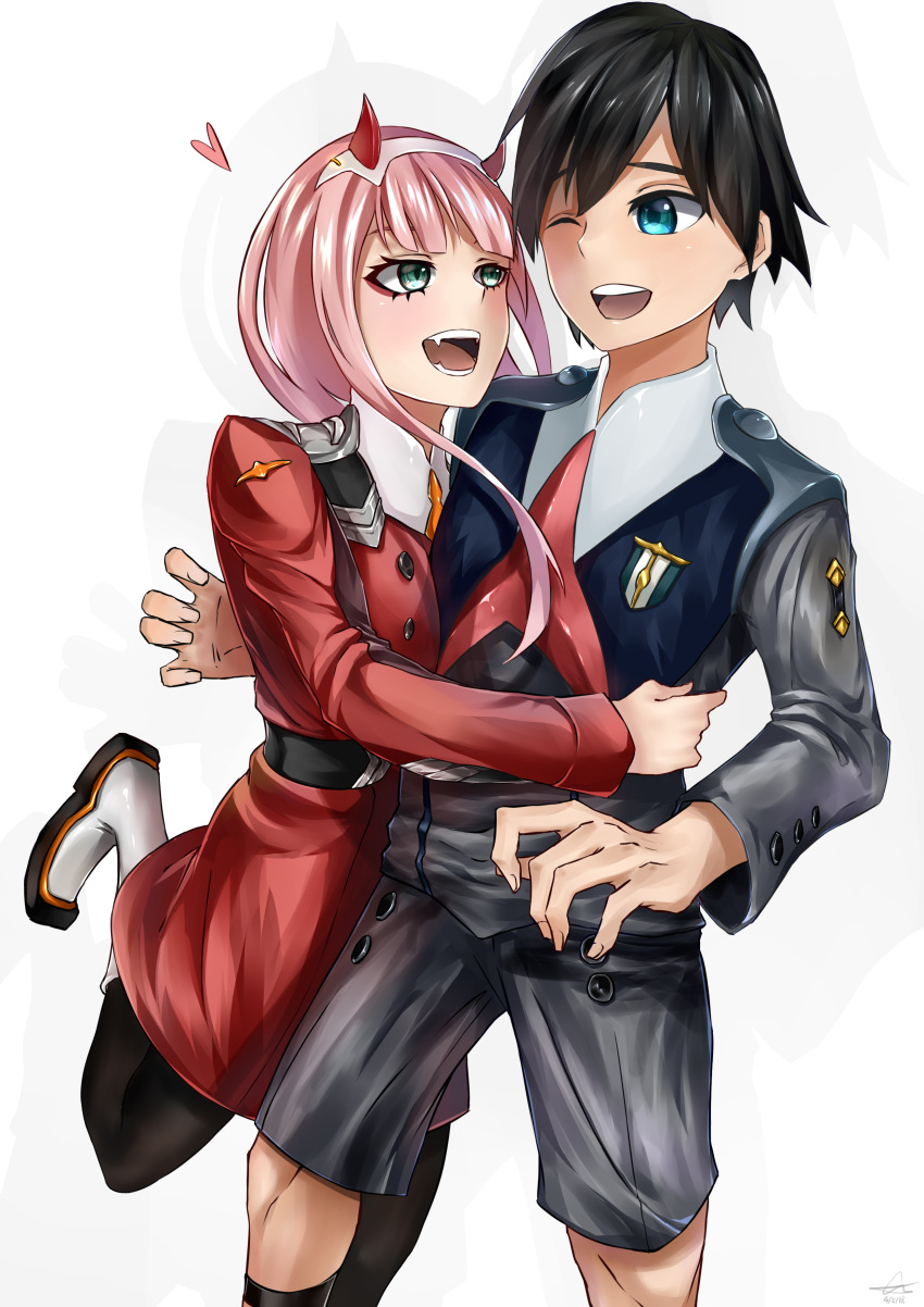 1boy 1girl absurdres black_hair black_legwear blue_eyes boots commentary couple darling_in_the_franxx endercraft fang green_eyes hair_ornament hairband heart highres hiro_(darling_in_the_franxx) horns hug long_hair looking_at_another military military_uniform necktie one_eye_closed one_leg_raised oni_horns orange_neckwear pantyhose pink_hair red_horns red_neckwear short_hair socks uniform white_footwear white_hairband zero_two_(darling_in_the_franxx)