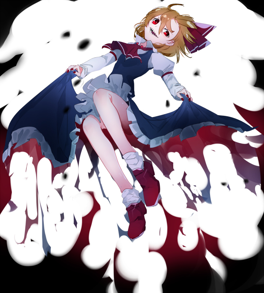 1girl ahoge brown_hair commentary_request dress fingernails frilled_dress frills full_body highres hitodama ikurauni lifted_by_self long_sleeves looking_at_viewer multicolored multicolored_clothes multicolored_dress open_mouth red_eyes red_footwear rumia short_hair smile solo touhou white_legwear