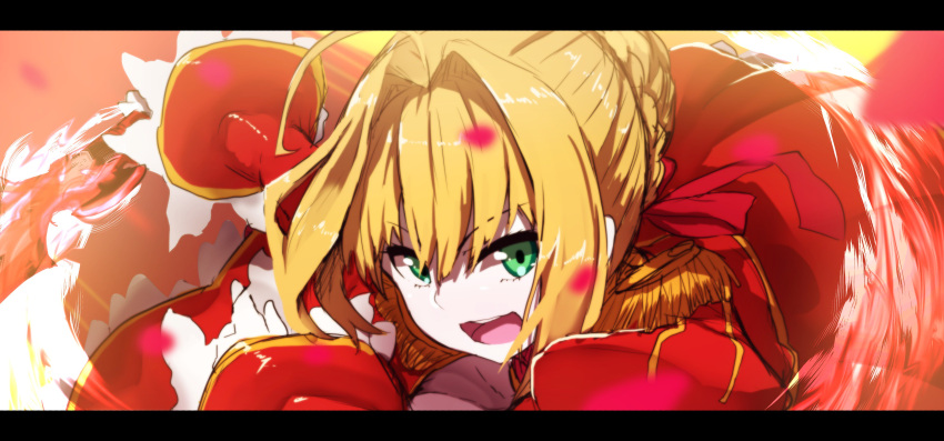 1girl :d absurdres aestus_estus bangs blonde_hair braid commentary_request dress epaulettes eyebrows_visible_through_hair fate/extra fate_(series) green_eyes hair_between_eyes hair_bun hair_intakes hair_ribbon highres holding holding_sword holding_weapon juliet_sleeves long_sleeves looking_at_viewer nero_claudius_(fate) nero_claudius_(fate)_(all) open_mouth protected_link puffy_sleeves red_dress red_ribbon ribbon smile solo sword upper_teeth v-shaped_eyebrows wada_kazu weapon wide_sleeves
