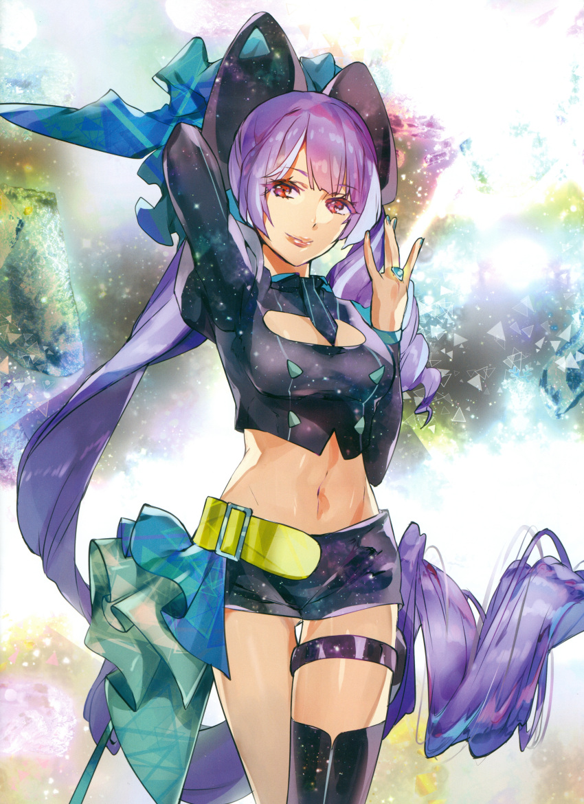 1girl absurdres arm_behind_head asymmetrical_legwear bangs black_legwear black_neckwear black_shorts breasts cleavage_cutout cowboy_shot eyebrows_visible_through_hair hair_between_eyes hair_ornament highres jewelry long_hair looking_at_viewer macross macross_delta medium_breasts midriff mikumo_guynemer mita_chisato navel necktie purple_hair red_eyes ring short_necktie short_shorts shorts solo standing stomach thigh-highs thigh_strap twintails very_long_hair