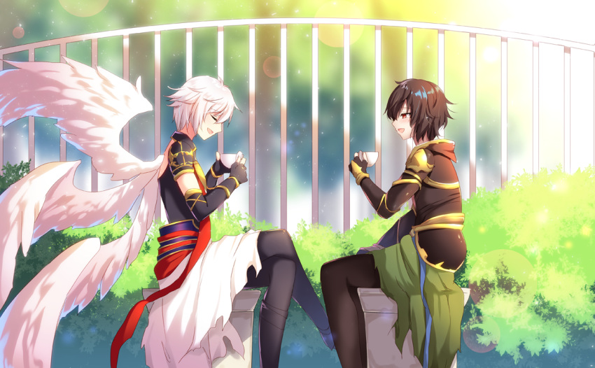 2boys black_gloves black_hair black_pants brown_eyes closed_eyes cup day detached_sleeves feathered_wings fingerless_gloves from_side gloves granblue_fantasy hair_between_eyes holding holding_cup legs_crossed lucifer_(shingeki_no_bahamut) multiple_boys multiple_wings open_mouth outdoors pants sandalphon_(granblue_fantasy) shikitani_asuka short_sleeves silver_hair white_wings wings