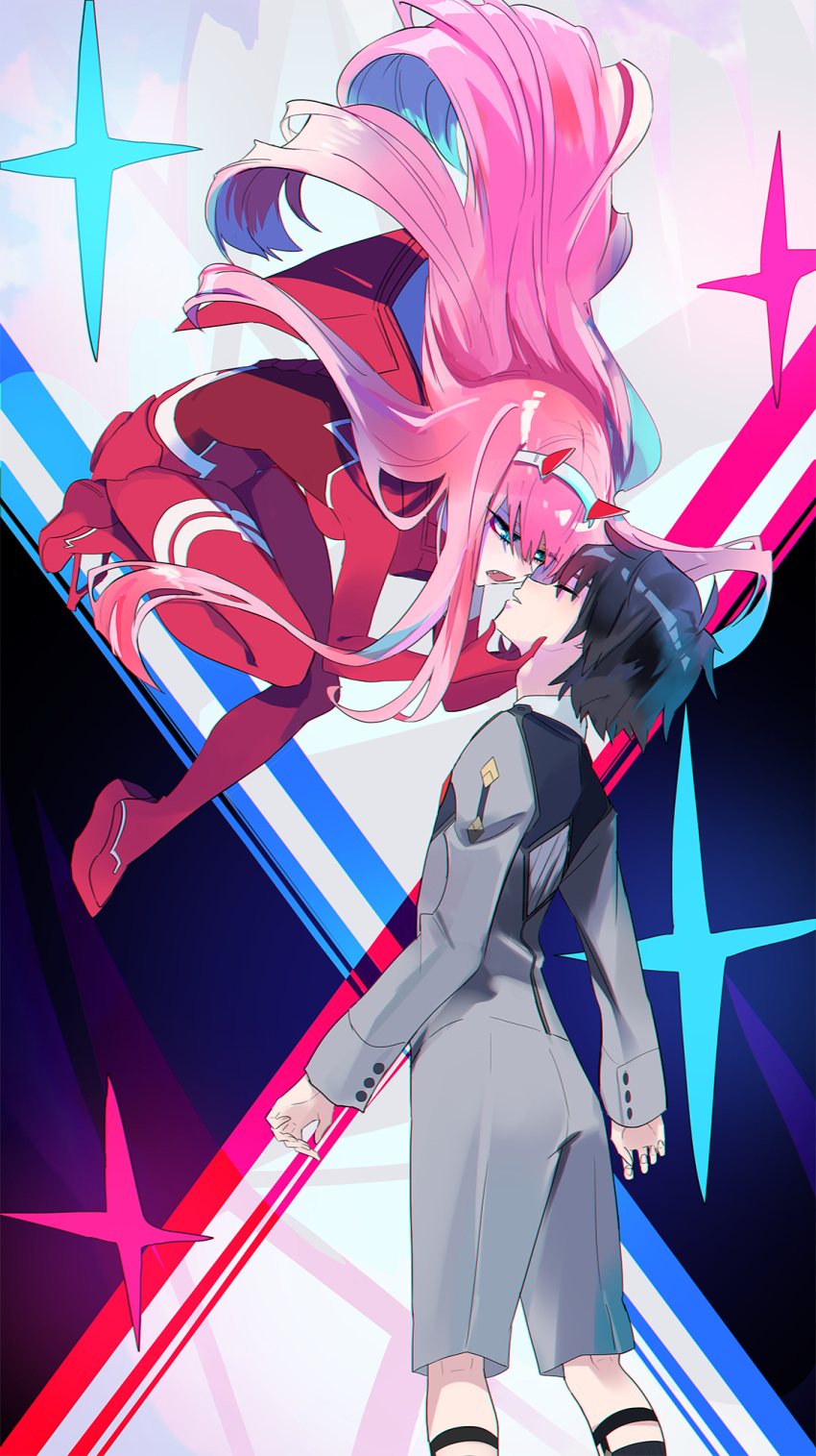 1boy 1girl black_hair bodysuit commentary_request couple darling_in_the_franxx gloves green_eyes hair_ornament hairband hand_on_another's_chin highres hiro_(darling_in_the_franxx) horns long_hair looking_at_another mg_nemuio military military_uniform necktie oni_horns pilot_suit pink_hair red_bodysuit red_gloves red_horns red_neckwear short_hair uniform white_hairband zero_two_(darling_in_the_franxx)