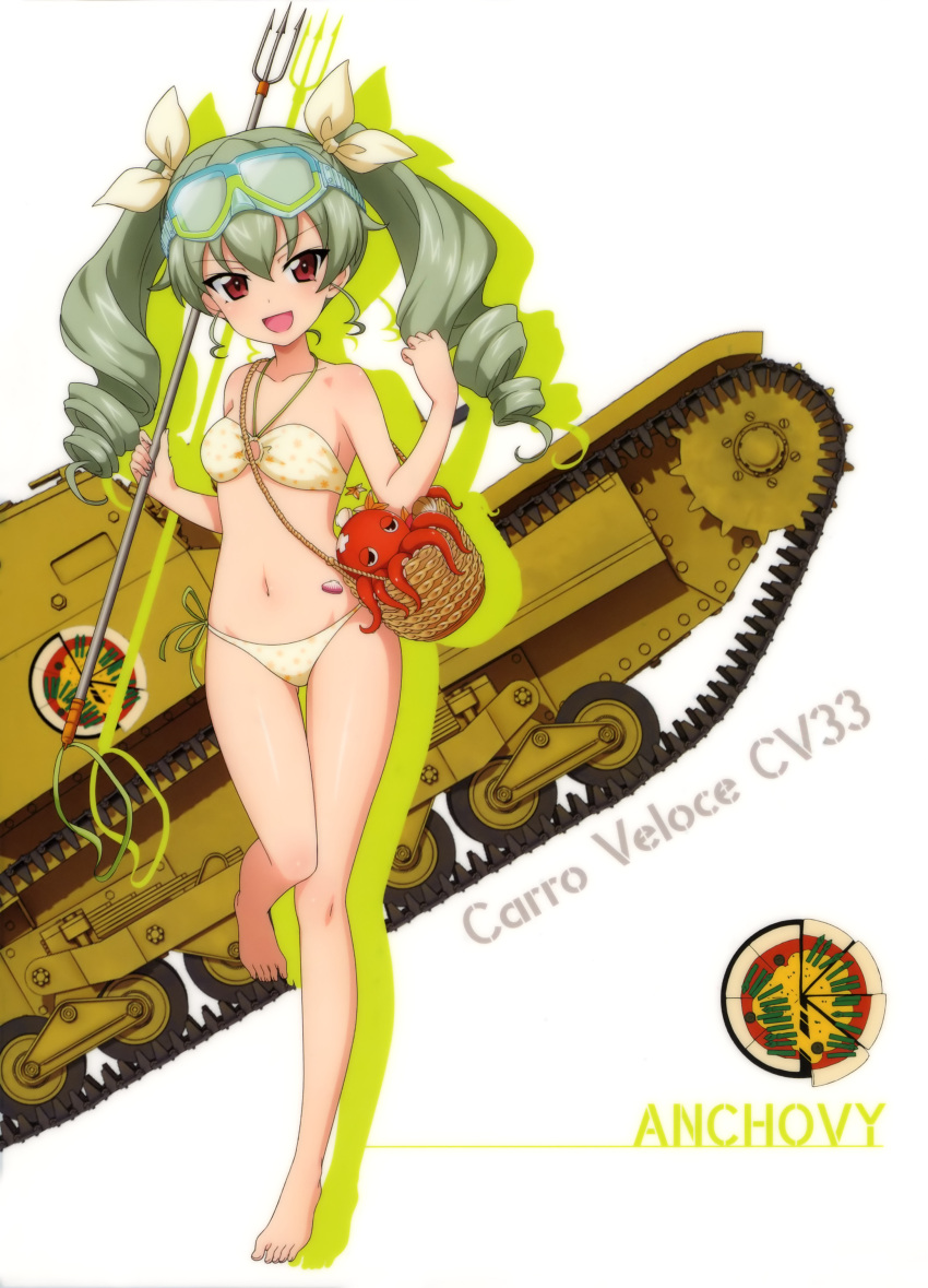 1girl :d absurdres anchovy bangs barefoot bikini breasts carro_veloce_cv-33 character_name collarbone drill_hair eyebrows_visible_through_hair girls_und_panzer green_hair groin ground_vehicle hair_between_eyes hair_ribbon highres holding holding_weapon long_hair looking_at_viewer military military_vehicle mole mole_under_mouth motor_vehicle navel one_leg_raised open_mouth polka_dot polka_dot_bikini red_eyes ribbon side-tie_bikini simple_background small_breasts smile solo standing standing_on_one_leg swimsuit tank twin_drills twintails weapon white_background white_bikini white_ribbon