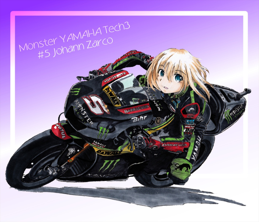 1girl aqua_eyes bibendum biker_clothes bikesuit blonde_hair blue_background breasts camera commentary_request eyebrows_visible_through_hair gradient gradient_background highres leaning_forward logo looking_at_viewer marker_(medium) michelin monster_energy moto_gp motul_(company) nib_pen_(medium) nishimiya_makoto open_mouth original product_placement purple_background riding shadow short_hair small_breasts solo traditional_media white_background yamaha yamaha_yzr-m1