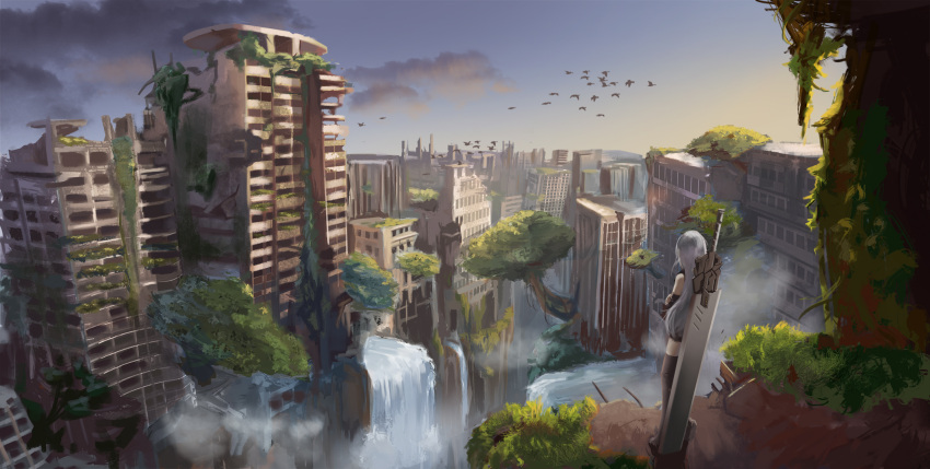 1girl bird black_gloves boots building cityscape clouds crossed_arms gan-viking gloves high_heel_boots high_heels highres long_hair nier_(series) nier_automata ruins silver_hair sky solo standing sword water waterfall weapon yorha_type_a_no._2