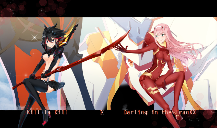 2girls absurdres bangs black_gloves black_hair black_skirt bodysuit boots breasts cen cen_(cenll) company_connection darling_in_the_franxx eyebrows_visible_through_hair gloves green_eyes hair_between_eyes hairband high_heel_boots high_heels highres holding holding_sword holding_weapon horns kill_la_kill matoi_ryuuko medium_breasts microskirt miniskirt multicolored_hair multiple_girls pink_hair red_bodysuit red_horns scissor_blade senketsu short_hair skin_tight skirt smile streaked_hair strelizia suspenders sword thigh-highs thigh_boots tongue tongue_out trigger_(company) two-tone_hair under_boob weapon white_hairband zero_two_(darling_in_the_franxx)