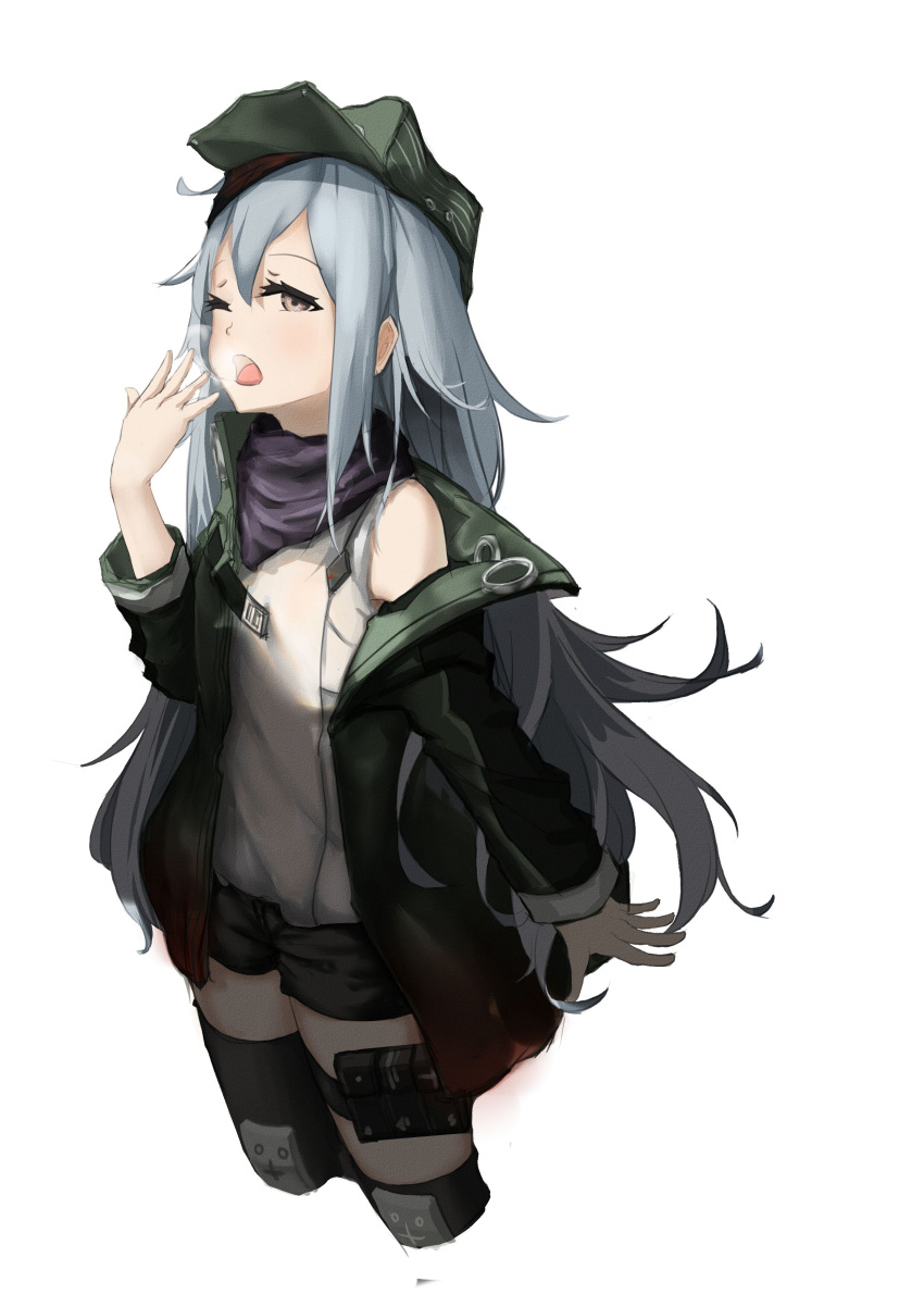 1girl absurdres bangs black_legwear blush brown_eyes coat cropped_legs eyebrows_visible_through_hair g11_(girls_frontline) girls_frontline green_coat hair_between_eyes half-closed_eye hand_up hat highres knee_pads long_hair long_sleeves looking_at_viewer messy_hair one_eye_closed open_clothes open_coat open_mouth red_scarf scarf scarf_on_head shirt short_shorts shorts shoulder_cutout sidelocks silver_hair simple_background single_thighhigh solo strap thigh-highs thigh_strap thighs tomori-san very_long_hair yawning