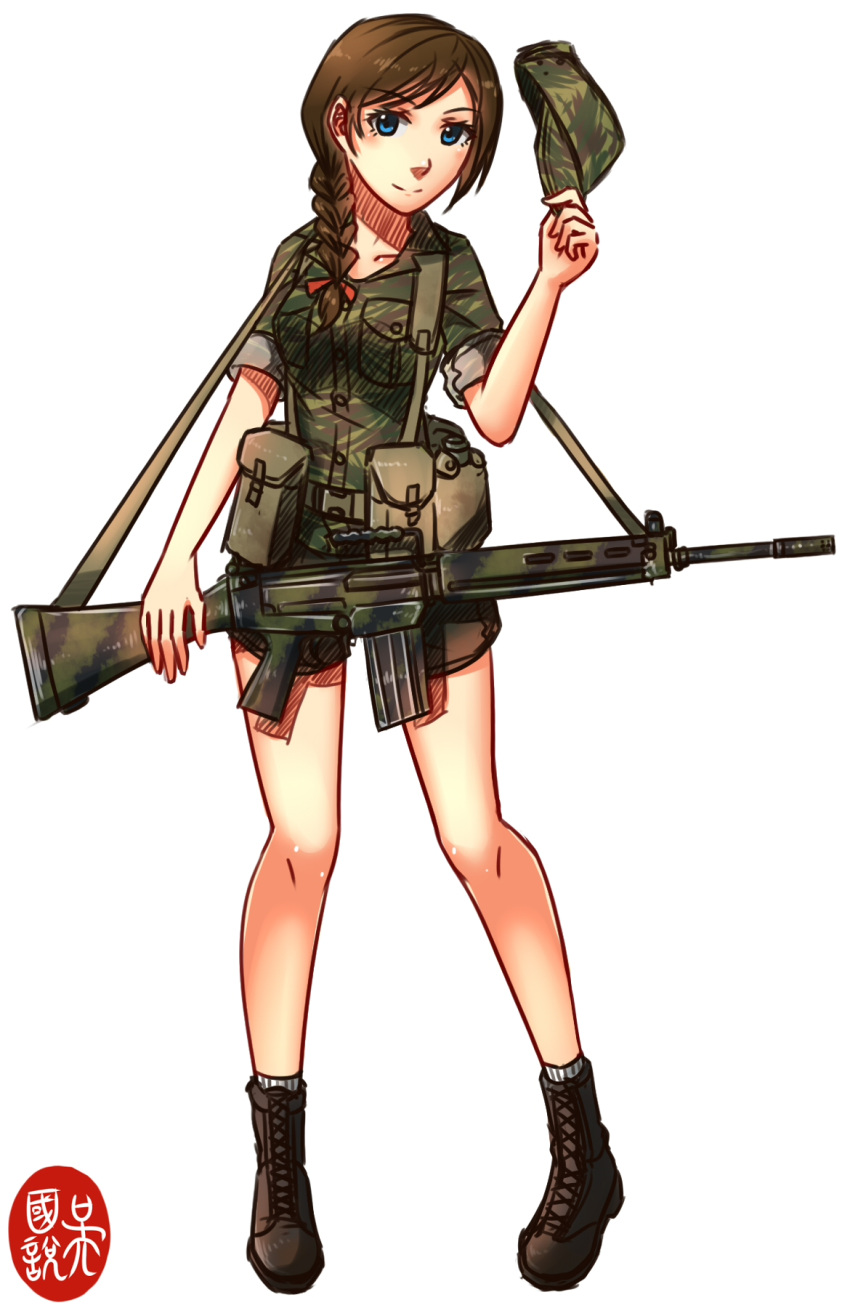 1girl battle_rifle blue_eyes boots braid brown_hair camouflage fn_fal gun hat hat_removed headwear_removed highres military ndtwofives original pouch rifle short_shorts shorts single_braid solo weapon white_background
