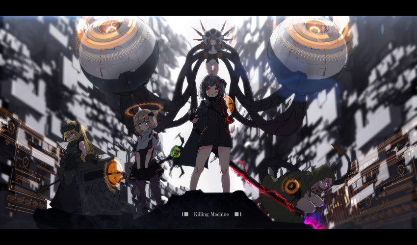 5girls absurdres ahoge aura black_gloves blonde_hair blue_eyes blush brown_hair commentary_request energy fingerless_gloves gloves green_eyes halo highres holographic_interface hooded_cape katana knife letterboxed light_brown_hair long_hair looking_at_viewer mace mecha_musume mechanical_tail multiple_girls oota_youjo original pink_hair pleated_skirt red_eyes shield short_hair skirt staff standing sword tail weapon