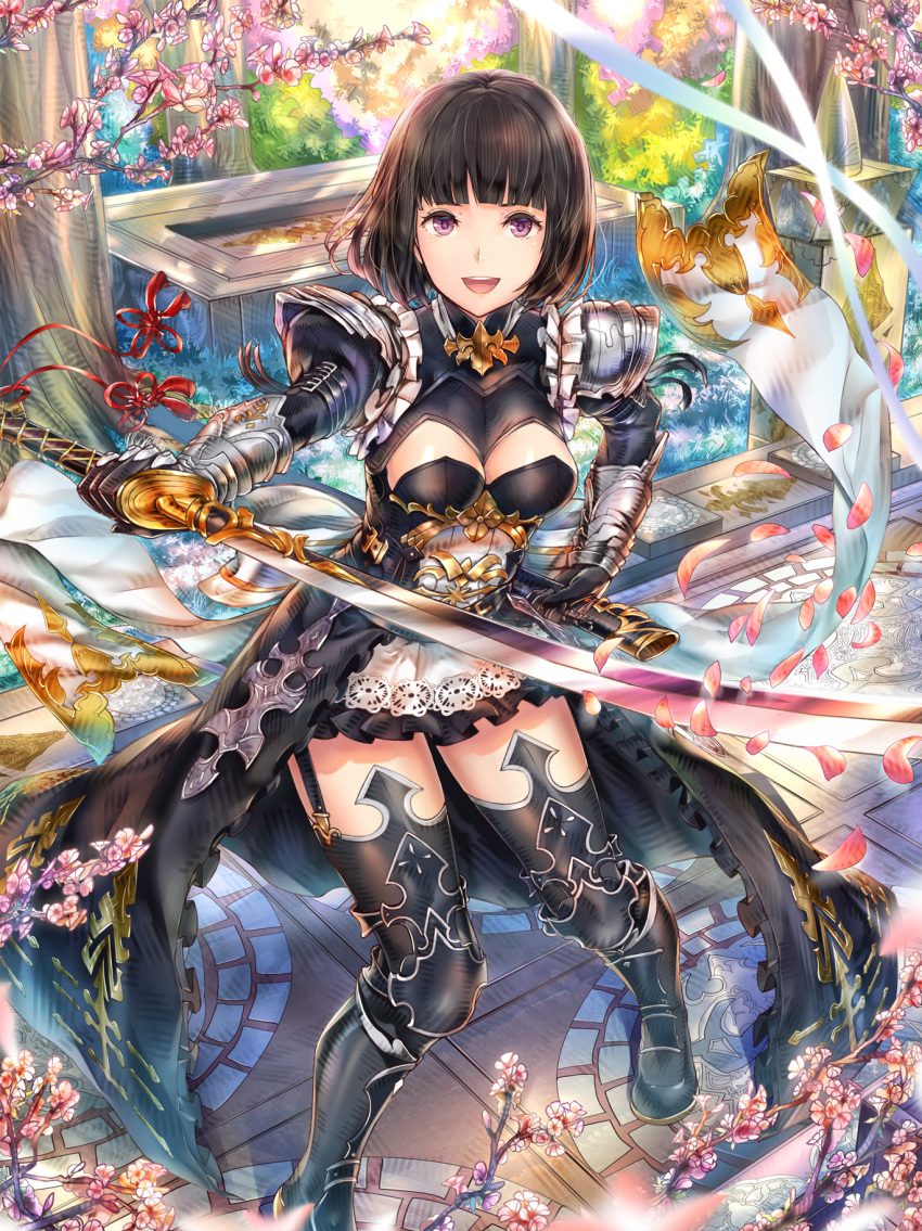 1girl :d armor armored_dress back_bow black_dress black_gloves black_legwear bow branch breasts brown_hair commentary_request dress erika_(shadowverse) flower gauntlets gloves grass highres hourainingyou juliet_sleeves katana large_breasts long_sleeves open_mouth outdoors pauldrons petals puffy_sleeves red_eyes ribbon scabbard shadowverse sheath short_hair smile solo spring_(season) standing sword thigh-highs tree unsheathed weapon white_bow white_ribbon