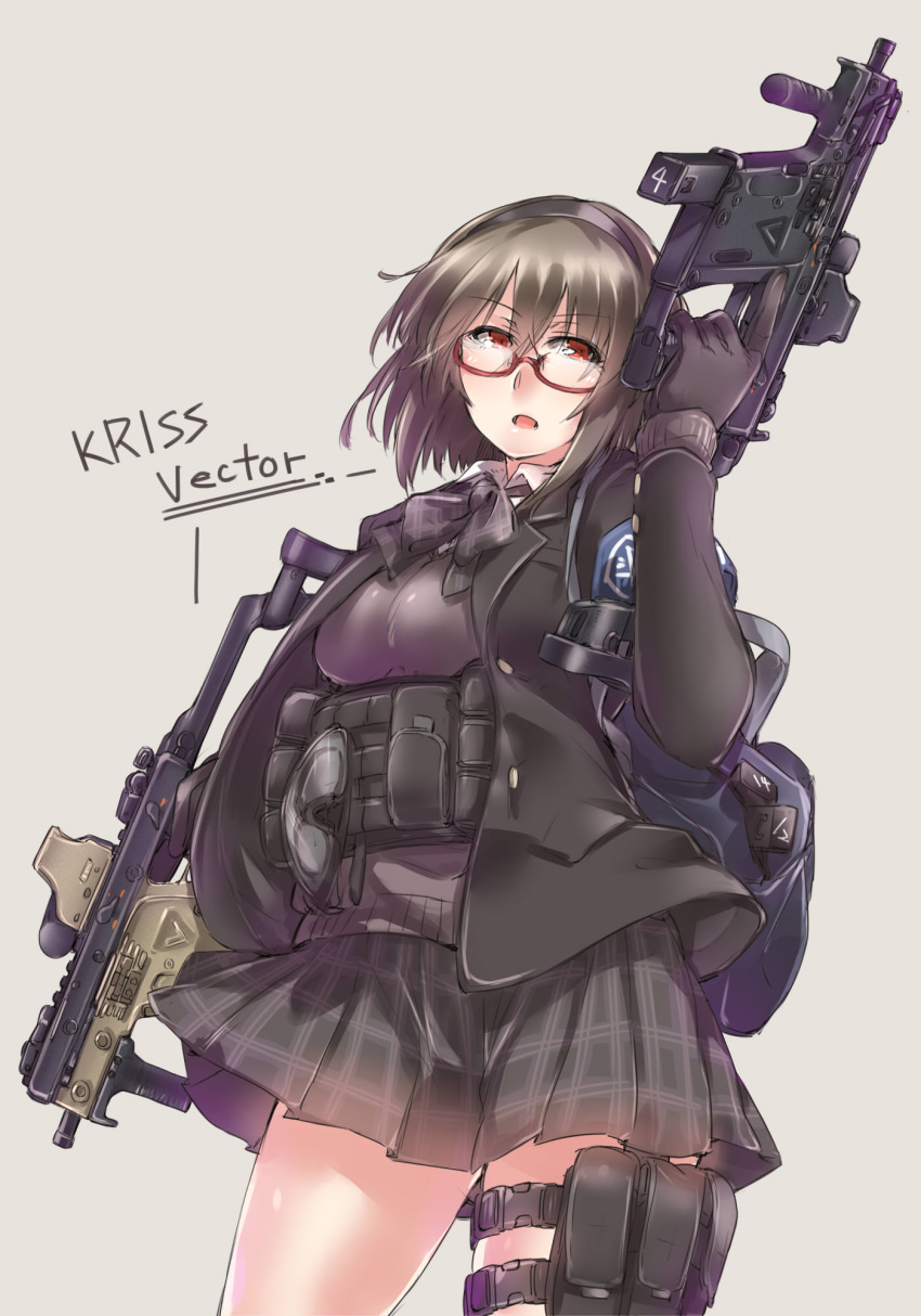 1girl armband ayyh bag brown_hair dual_wielding glasses gloves gun hairband highres kriss_vector load_bearing_equipment orange_eyes original red-framed_eyewear school_bag school_uniform semi-rimless_eyewear shooting_glasses simple_background solo submachine_gun trigger_discipline weapon