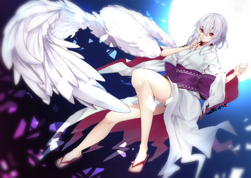 1girl adapted_costume alternate_costume bare_legs feathered_wings flying full_body hand_in_front_of_face japanese_clothes kimono kishin_sagume legs looking_at_viewer moon night night_sky obi open_mouth red_eyes sandals sash short_hair silver_hair single_wing sky solo star_(sky) starry_sky touhou white_kimono white_wing wings