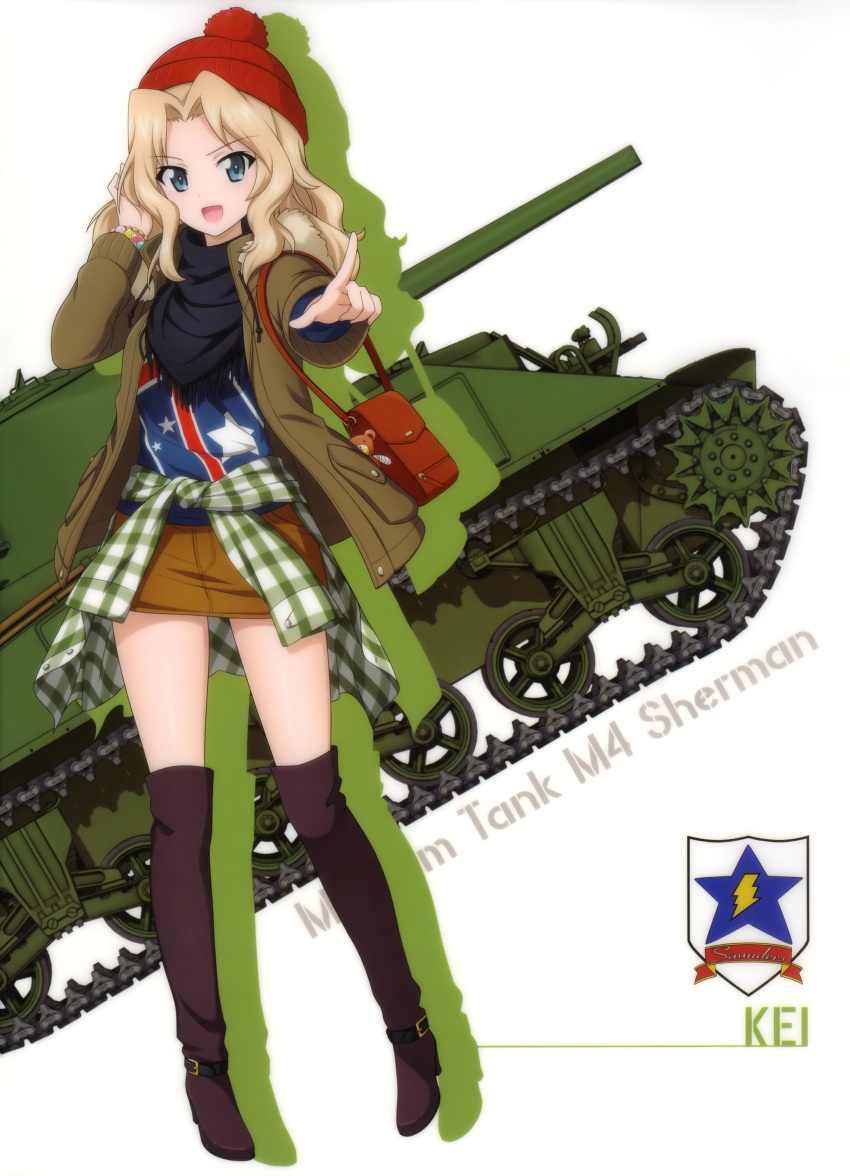 1girl absurdres blue_eyes boots brown_footwear brown_jacket brown_skirt character_name clothes_around_waist eyebrows_visible_through_hair full_body girls_und_panzer ground_vehicle hand_in_hair hat highres index_finger_raised jacket kay_(girls_und_panzer) light_brown_hair long_hair looking_at_viewer m4_sherman military military_vehicle miniskirt motor_vehicle open_clothes open_jacket pleated_skirt red_hat skirt solo standing tank thigh-highs thigh_boots white_background