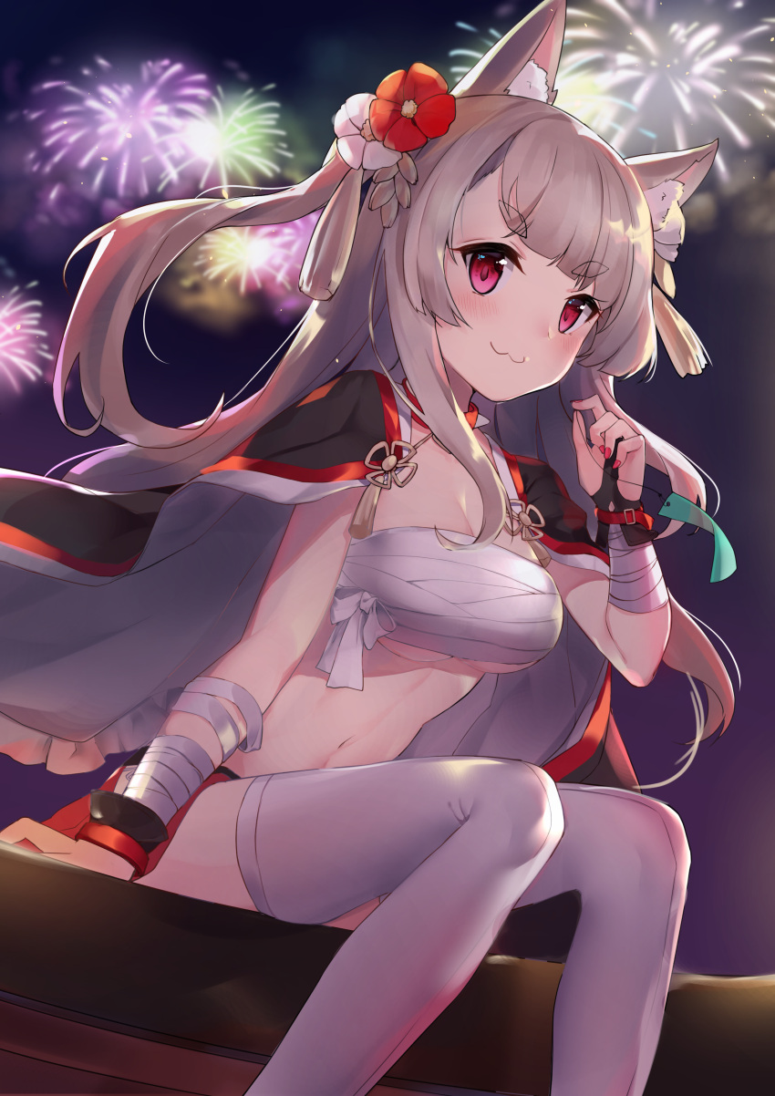 1girl :3 absurdres aerial_fireworks animal_ears arm_support azur_lane bada_(jksh5056) bandage bandaged_arm bangs black_cape blush breasts cape closed_mouth commentary_request dutch_angle eyebrows_visible_through_hair fingernails fireworks flower hair_ribbon highres holding large_breasts light_brown_hair long_hair looking_at_viewer nail_polish navel pink_nails pleated_skirt red_flower red_skirt ribbon sarashi sitting skirt solo thick_eyebrows thigh-highs two_side_up violet_eyes white_flower white_legwear wolf_ears yuudachi_(azur_lane)