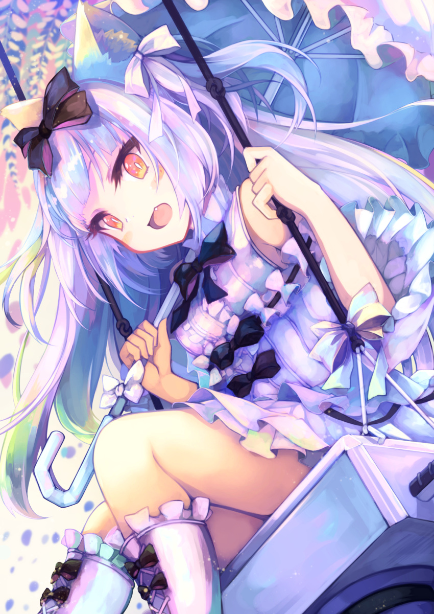 1girl :d animal_ears azur_lane bangs bare_shoulders black_bow blush boots bow breasts brown_eyes cat_ears center_frills commentary_request dress dutch_angle fang frilled_umbrella frills hair_bow highres holding holding_umbrella knee_boots long_hair looking_at_viewer medium_breasts off-shoulder_dress off_shoulder open_mouth otogi_kyouka silver_hair sitting smile solo swing two_side_up umbrella very_long_hair white_bow white_dress white_footwear white_umbrella yukikaze_(azur_lane)