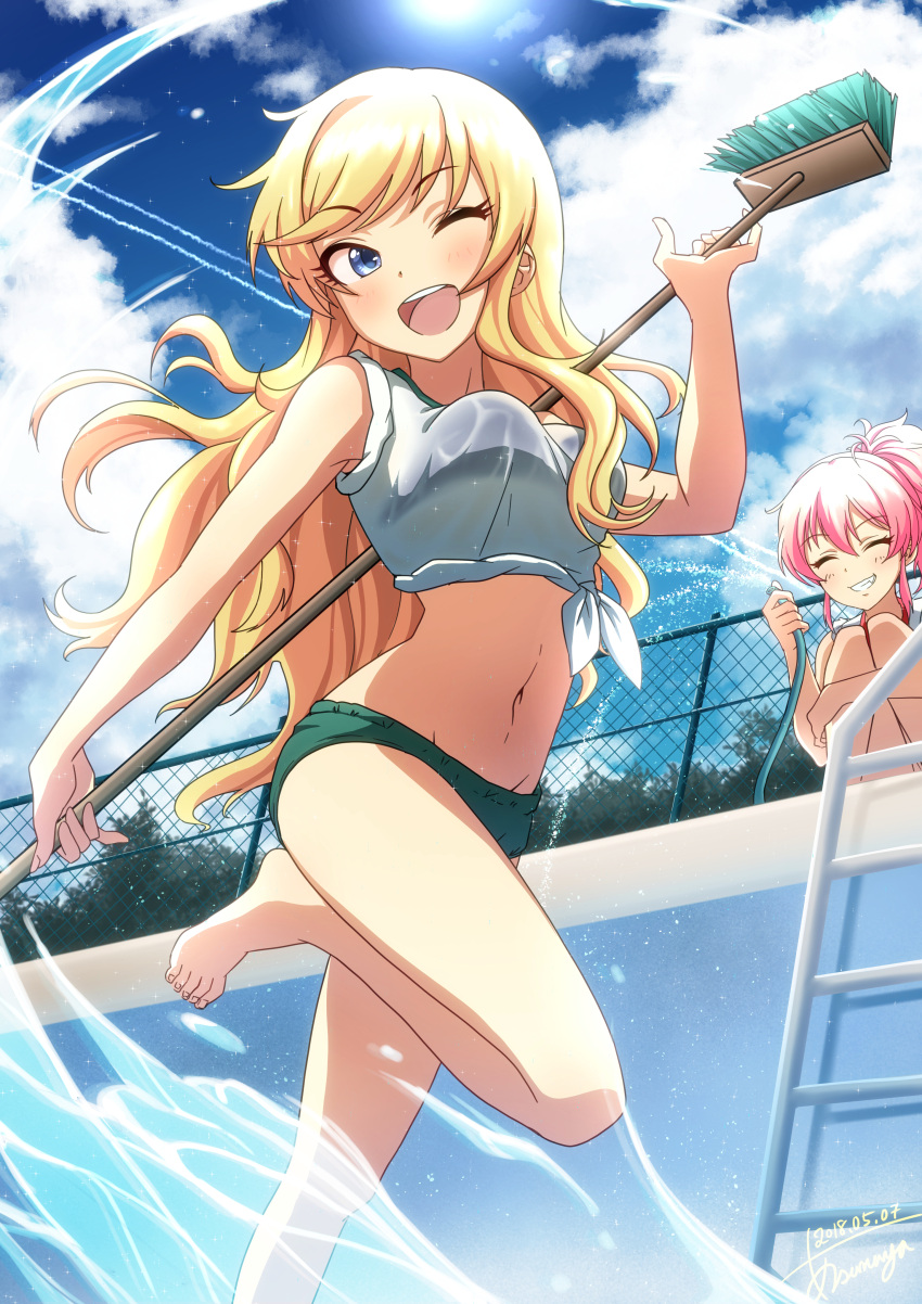 2girls absurdres asanaya blonde_hair blue_eyes blush bow breasts broom chain-link_fence cleaning closed_eyes clouds commentary_request dated day empty_pool eyelashes fence hair_bow hair_down highres hose idolmaster idolmaster_cinderella_girls jougasaki_mika long_hair medium_breasts multiple_girls navel one_eye_closed one_leg_raised ootsuki_yui open_mouth pink_hair ponytail shirt signature sky smile splashing squatting swimsuit tied_shirt underwear wet wet_clothes wet_shirt