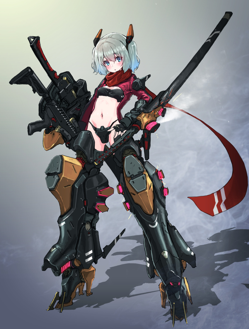 1girl blue_eyes blush commentary fingerless_gloves full_body gloves glowing grey_background gun hair_ornament highres katana looking_at_viewer mecha_musume navel oota_youjo original parted_lips scarf shadow sheath sheathed short_hair solo standing steam stomach sword two_side_up weapon