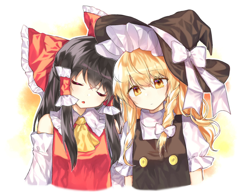 2girls ascot bangs black_hair blonde_hair blush bow braid cheunes collared_shirt commentary forehead-to-forehead frilled_sleeves frills hair_bow hair_tubes hakurei_reimu hat hat_bow hat_ribbon kirisame_marisa large_bow leaning_on_person long_hair multiple_girls open_mouth puffy_short_sleeves puffy_sleeves ribbon shirt short_sleeves side_braid single_braid sleeping sleeping_on_person sleeping_upright touhou turtleneck vest witch_hat yellow_eyes