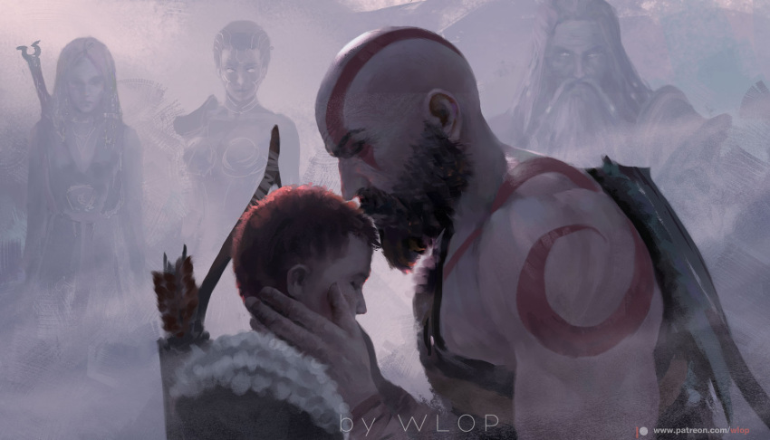 2girls 3boys artist_name bald beard bodypaint bow_(weapon) breasts closed_eyes closed_mouth facial_hair god_of_war hand_on_another's_neck multicolored multicolored_clothes multiple_boys multiple_girls muscle mustache quiver short_hair weapon wlop